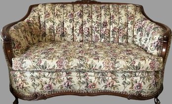 Carved Wooden Trim Loveseat With Floral Upholstery- 59W37Dx32T, No Visible Branding