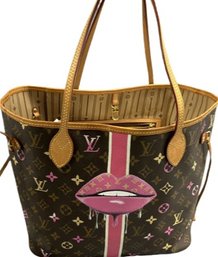 Louis Vuitton Neverfull MM Bag With Custom Lips Design By New Vintage- No Small Bag Attached, 12.6Lx6.7Wx11.4H