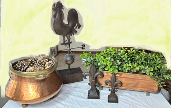 Copper Rooster Wind Vane, Copper Pot Of Pine Cones, Copper Planter W/ Missing Leg & More