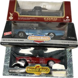 Collectible Cars (62 Checrolet Corvette, 69 Plymouth Road Runner, 53 Ford Pick Up)- NEW In Boxes (14x5x7)