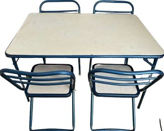 Vintage Hampden Kids Blue Metal Table & Chairs- Table Is 24.5x36.5x20T, Chairs Are 15Dx14Wx23T, Show Some Use