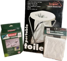 Coleman Camp Shower, Texsport Portable Toilet & Toilet Bags