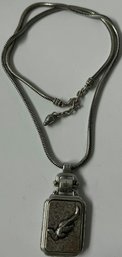 Silvertone Chain Necklace With Chinese Markings & Intricate Bird Pendant - 19'Long