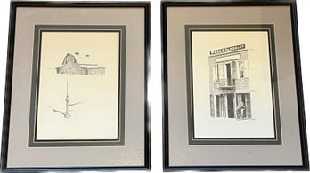 Framed Wells Fargo Building Front And Barn Prints Signed By Artist 14Wx17H