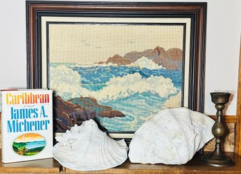 Embroidered Beach Waves Artwork, Conch Shells, Caribbean A Novel By James A Michener, Candleholder