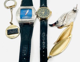 Vintage Ladies & Mens Watches, Untested - LTD., Panama Jack, 'Fred' Keychain, Leaf Brooches