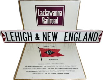 Lehigh & New England Metal Railroad Sign, & Pair Of Lackawanna RR & Lehigh Valley RR Vintage Poster, Unwrapped