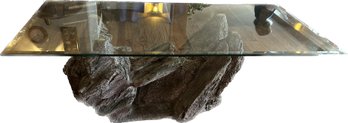 Artificial Rock Coffee Table With Glass Top- Small Chip In Base (pictured). 52x26x16