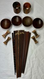 Collection Of Wood Chopsticks (6), Wood Sauce Bowls (4), Wood Leaf Napkin Holder (2), Wood Chopsticks Rest (4)