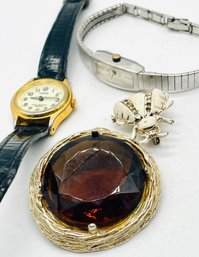 Vintage Ladies  Watches, Goldtone, Silvertone, Untested. Amber Brooch, Bumble Bee  Brooch, Gemstones