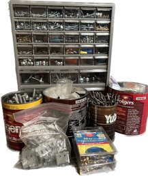 Various Bolts, Screws, Nails And Plastic Organizer- 15x7x19