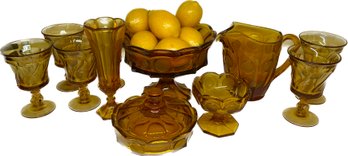 Fostoria Amber Coin Glass Set, Amber Colored Glasses, And Decorative Lemons