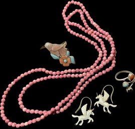 Pink Hummingbird & Flower Gemstone Ring. Gemstone Ring. Unicorn Pierced Earrings. Pink Beads Necklace