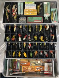 UMCO Tackle Box (18.5x7.75x9.5) FULL Of Vintage Fishing Lures (Many Like New In Box) From Bomber And Heddon