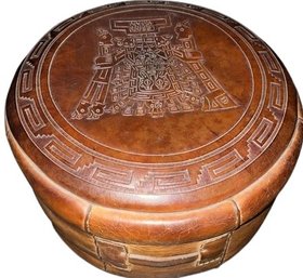 Carved Leather Poof/Footstool