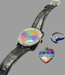 PEAM Watch With Black Strap. Sterling Ring With Blue Gemstone Multicolor Heart Pendant. Watch Is Untested.