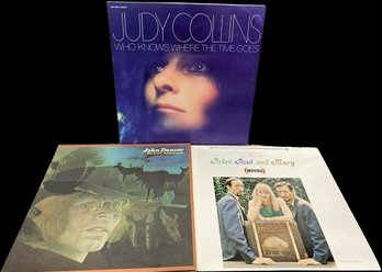 Three Vinyl Records Including Judy Collins, Peter Paul And Mary, And John Denver