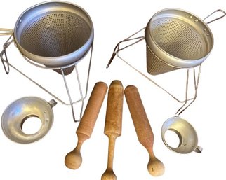 Steel Frame Cone Sieve Food Mill Wood Pestle & Stand Chinois Strainer Vintage