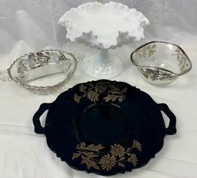 White Milk Glass Hobnail Pedestal Dish, 2 Silver Overlay Glass Dishes, Black Glass Serving Plate