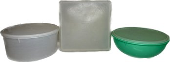 Tupperware Round Carry All Clear Storage, Tupperware Square Seal Clear Container, & Tupperware Green Container