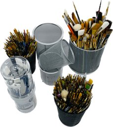 Large Collection Of Artist Brushes. Some New. Some Used. Brush Holders.