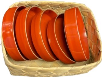 Small, Ceramic, Burnt, Orange Bowls And  Basket, 5 Pcs - 5'