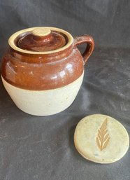 Pottery Crock With Lid 6.5x7.5 With Brown Trim. Pottery Coaster Made By White River Pottery.