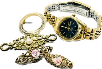 Vintage Ladies Watch - Helbros. Untested.  Vintage Brooches, Goldtones, Roses.