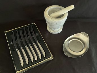 Marble Mortar & Pestle & Set Of Stainless Steel Knives.