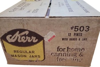 Twelve- Pint Sized Kerr Regular Mason Jars With Bands & Lids, Unopened In Box