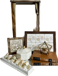 Luggage Stand, Terrarium, Flowery Tile Trivets, Seashell Napkin Rings, Cream Lenox Porcelain W/cover