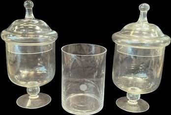 Two Glass Jars With Lids (9.5) & Glass Vase (5.5)