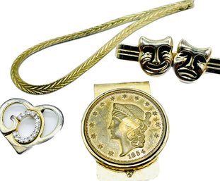 Goldtones - Heart Pendant, Coin  Money Clip, Theater Tie Clip, Braided Chain