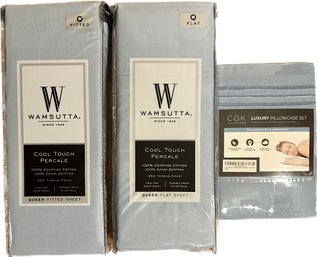 Wamsutta Cool Touch Percale Blue Queen Fitted Sheet, Flat Sheet, And CGK Luxury Full/queen Pillowcase Set