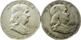 1953 And 1957 Ben Franklin Half Dollars