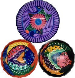 3 Salsa Dishes (2 Multicolor Painted Fish & 1 Purple Bird And Flower)