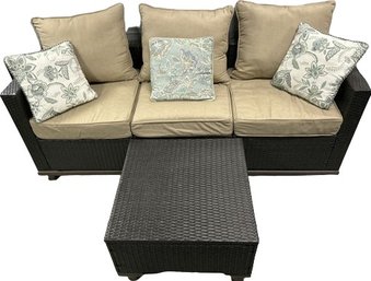 Outdoor Wicker Sofa & Ottoman- 83Lx29Dx29T, 3 Pcs Attached By Wooden Boards On Bottom, Ottoman- 27.5Wx29Dx16T