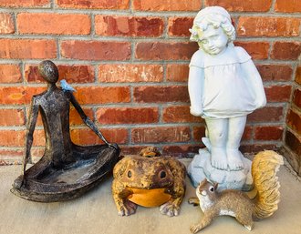 Yard Statues Of Frogs, Little Girl, Squirrel, Person With Bird