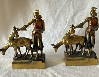 Woman And Deer Brass Bookends