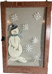 OsLann Window Snowman Painting In Red Crackeled Frame  33x22