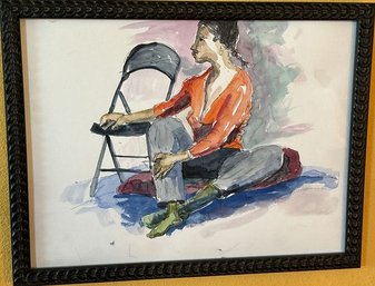 Framed Watercolor, Sitting By Chair, 17.5x13 Artwork