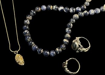 Sterling Rings, Works Of Art, Goldtone Acorn Pendant And Chain - Blue Beaded Necklace