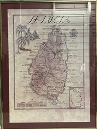 Framed Artwork Map Of Eastern Caribbean Island St Lucia Signed By Artist Landra Fischer 1974-17.5x24