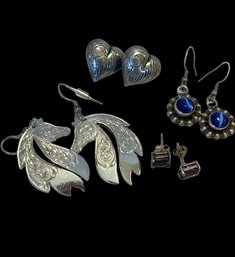 4 Pairs Earrings Stamped 925, Horse, Heart, Blue, Purple