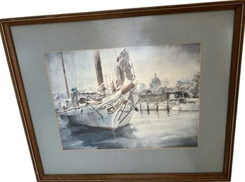 Framed Sailboat Print Signed By Artist Lester Way Stone (23x19)-Hanging Wire Needs To Be Reset