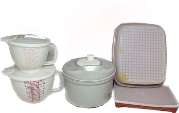 Vintage Tupperware Salad Spinner, Tupperware Meat Marinade Keeper With Lid,& Pair Of Tupperware Measuring Cups