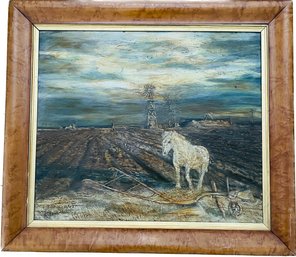 Original & Framed Artwork - Horse In Farm Field - Signed By Artist, 28' X 31' Deep Browns And Blues