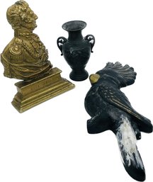 Brass Wellington Statue, Small Metal Urn, Parrot Plaster Wall Hanging