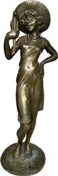 Brass Lady Holding Bird Statue, 20inH