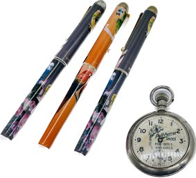 Parrot Pocket, Watch, Untested, Three Parrot Pens, Don't Work But Very Cute To Put On Display